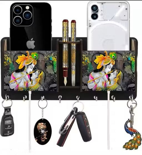 Radha Krishna Wall Organizer with Mobile, Remote, Pen Stand & Key Holder